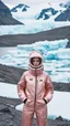 Placeholder: minimal ,Fashion film in the icefields of Patagonia, a stunning supermodel in an incomplete Astronaut pink bronze suit discover the icefields and giant iceblocks and icebergs using stunning poses we can see her face through the glass . Supreme landscape, inticate background and a minimalist composition that creates a great megalophobia effect. Old lens, old Kodak vision filmstock, 1600 iso.