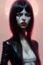 Placeholder: girl, cute, beautiful, white eyes, red lips, black hair with bangs, goth, close up portrait by Greg Rutkowski