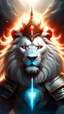 Placeholder: A powerful white lion with one blue eye and one red eye and a crown of fire on its head in the center of the image with a blazing sun and sword behind its head.
