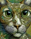 Placeholder: Detailed Surreal Portrait of Oriental blue and white tabby cat, with a triangular slender white face, large ears and green eyes by Gustav Klimt muted natural colors.