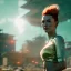 Placeholder: A beautiful portrait of a cyberpunk woman with lot's of grain on her skin red head with natural hair flying in the wind cyborg smiling facing camera orange color scheme, high key lighting, volumetric light high details with white stripes and feathers unreal 5, octane render, cinema4d, dynamic lighting, dramatic lighting, 4k, redshift render, highly detailed, hyper realistic