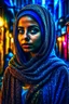 Placeholder: a beautiful Arabian girl in hijab , set against a gritty urban backdrop, The image should be highly detailed and intricate, with a sharp focus on the woman's features, and a neon color palette that pops against the dark background, the style should be reminiscent of street art and urban culture, with exaggerated and stylized features that give the portrait a larger-than-life feel, trending on artstation and instagram, art inspirations include banksy, Shepard Fairey, and lady pink.