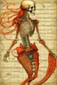 Placeholder: captivating anatomical illustration of a humanoid skeleton fused with a mermaid's tail, set against a vintage paper backdrop. The skeletal structure is intricately detailed, with exposed muscles and tendons, while the mermaid's tail is brilliantly colored in reds and oranges. Handwritten notes and sketches in an old-world script adorn the paper, hi