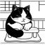 Placeholder: bold and easy, cozy Japan-Cat napping on a kotatsu table each has very thick black outlines, making the details simple and fun to color colors, must be black and white and should have very few backgrounds or no backgrounds