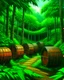 Placeholder: A green jungle with wooden barrels painted by Frank Wilson