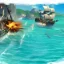 Placeholder: two pirate ships fighting each other at sea. They fire cannons at each other and one ship is hit and burns.