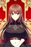 Placeholder: woman with long brown hair and red eyes, medieval concubine, anime style, highly detailed, intricate background, red and black clothes, confident, arrogant