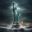 Placeholder: Hyper Realistic apocalyptic view of statue of liberty at dark rainy night between the sea with big wave splashes