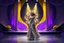Placeholder: modern stage with gray-dark yellow blueish violet theme artistic decoration , color full dynamic lighting, a beautiful lady in maxi dress with shining silver jewels,curvy long hair dancing, 3D recursive fractal structure animating background