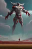 Placeholder: Giant massive huge in stature, majestic entity, hovering and floating over a large field landscape. the entity wears a white and red draped fabric that has printed on the material resembling stars. the fabric has also technological elements. you can see how big it is compared to a tiny human standing in front of it