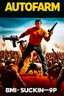 Placeholder: "Create a 90s-style action movie poster titled 'AUTOfarm.' Feature a heroic mechanic battling thousands of people with a spanner, and in the background, show a sheep holding a machine gun. The scene should be intense and dynamic, capturing the high-energy and gritty aesthetic of classic 90s action films. Include the subtitle 'BMI - Suckin-p-p' prominently."