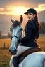 Placeholder: In a realistic, non-anime, cartoon style like Rubine by Walthery: Bust shot of 35-year old, bit chubby Scandinavian dark-haired mansion owner lady with green eyes, wearing equestrian attire with tight white pants and black or blue jacket, riding a white horse in Bavarian countryside in sunrise.