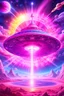 Placeholder: vaisseau interdimensionnel de couleur rose, grands rayonnements, dans un cosmos rose et jeu très étoilé d'or, 8K,ufo rainbow