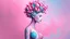 Placeholder: A digital artwork of a female figure adorned with intricate patterns and designs. The figure's body is covered in swirling lines, circles, and other abstract patterns in hues of pink, blue, and white. Her head is uniquely decorated with a bouquet of spiraling, bubble-like structures in shades of pink and blue. The background is a gradient of pink and blue, with abstract patterns that complement the figure's design. The overall ambiance of the image is dreamy and surreal.