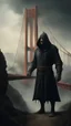 Placeholder: Bosch nightmares paining style Title:the angry giant hooded creature taller than San Francisco golden bridge , 8k artistic photography, photorealistic concept art, soft natural volumetric cinematic perfect light, chiaroscuro, award-winning photograph, masterpiece, oil on canvas, Raphael, Caravaggio’s, Greg Rutkowski, people, beksinski, Giger