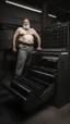 Placeholder: full figure shot photography of an italian strong massive big chubby 50 year old man in opened gray trousers, manly chest,, short beard, shirtless, printer in an old printing house, next to a huge old printer, dim light, side light, ambient occlusion