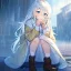 Placeholder: Clear focus, High resolution, Rough line, white long fluffy hair, hair between eyes, blue eyes, wearing a yellow jacket, wearing a white shirt, wearing a blue short skirt with a white line near the bottom, wearing black long socks and brown shoes, raining, Teen face and beatiful chin