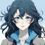 Placeholder: Teenage girl, shoulder length black curly hair, icy blue eyes, pale skin, anime style, British