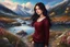 Placeholder: country side ,blue sky , snow on mountains, pretty clouds ,small rocky river with clear water small rocks in floor,wild flowers,beautiful Snow White, long shiny black curvy hair, wearing a burgundy sweater with the word Azerbeyjan written on it, in gold, work clothes, standing, super realistic Fairy lights, intricate detail, texture, depth, vividness, movement, namex, energy, bioluminescence, stunning, epic, ultra-detailed, 8K photography by Miki Asai Macro, close-up, extremely detailed, po