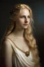 Placeholder: portrait of a woman who looks like an elegant, greek goddess; she is beautiful and has long blond hair, kind and gracious