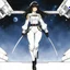 Placeholder: (iin a 2001 space station) a brune with blunt bangs stands bracing hands on a large lever, wearing a tight translucid white jumpsuit with flared legs from the 1970s, with a wide black leather belt around her waist and dark boots. Record of Lodoss War style, Linework: Expressive, expressive black ink line art with variable stroke weights. Crisp contours define silhouettes while fine hatching adds subtle depth and form.
