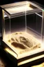 Placeholder: an alien's close up footprint lodged within sand in a neat, square display glass box, "Alien" engraved on small label outside of the box, realistic and highly detailed, 8k