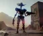 Placeholder: Alien, mech, vest, jellyfishsombrero, metal, holding gun, steel hands, strong, chest plate, holding rifle, pauldrons, pressurized cowboy boots, radium, patch