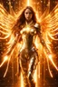 Placeholder: Photograph pretty Angel woman armor long hair stand face front in impact picture,translucent and glowing metallic patterns,glowing metal objects hovering in the air and surrounding him,Electric arcs and sparks,flow of energy,translucent magnetic lines,golden and shimmering light effects