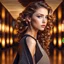 Placeholder: si fi a 3d recursive mandlebore fractal environment color and light an extra beautiful supper modern ukrainian girl wearing modern clothing curly hair gracefully fashion show posing full body shot