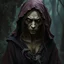 Placeholder: The witch, Lorissa Nightshade, appears—a gaunt, pale woman with hollowed out eyes and wearing tattered and torn robes. Grimdark realistic