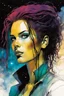 Placeholder: create an imaginative scene with a female interstellar cybernetic pirate with finely detailed facial features, short dreadlock hair, in a smokey Paris bar, the comic book art style of Bill Sienkiewicz, Mike Mignola, and Jean Giraud Moebius, finely textured, drawn, colored, and inked