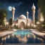 Placeholder: Hyper Realistic Huge multicolor rustic wall textured Mosque with beautiful fountain & white rose garden at beautiful night