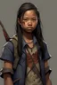 Placeholder: Girl, 12 Years Old, Dark Hair Midlength, Tan Skin, Blasian, Pre Teenage, Post-Apoclyptic, Dirty, Blood, Short Sleeved Ripped Denim Jacket, Brown Shirt, Bow And Arrow