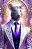 Placeholder: Work of art, Handsome rat White in a fashionable suit woven from white and purple pink diamonds, fashion art style, fractal of silver and gold threads, empty background, fantasy, grain, Professional digital image RAW, aesthetic, rozhkova_art, glitter, lace, surrealism, hyper-detailing, drawing of details, ink, futurism, dynamics, 32k, digital-art