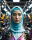 Placeholder: potrait half body cinematography colors a beautiful face woman hijab humanoid hijab robot mechanical walking in between two rows of complex machinery with vibrant colors