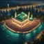 Placeholder: Hyper Realistic Aerial View of Lots of people worshiping outside a Huge-Beautifully-Crafted-Green-Mosque decorated with garland-lights & lamps between an island with ocean-water-waves at night with dramatic-&-cinematic-ambiance