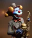 Placeholder: happy friendly mechanoid clown playing jazz with a steampunk theme, realistic