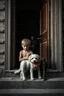 Placeholder: A black one year old boy and a white one year old boy , petting a small dog , sitting on the door steps of the an old paints cracked dirty abandoned house door , in the background a dark room with old woman, insanely detailed octane render trending on artstation, 8k artistic photography, photorealistic concept art, soft natural volumetric cinematic perfect light, chiaroscuro, award-winning photograph, masterpieces, oil on canvas, Raphael, Caravaggio, Greg Rutkowski, people,