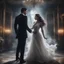 Placeholder: Hyper Realistic close-up-view-of-handsome-muscular-man-in-black-tuxedo dancing with a beautiful-ghost-of-a-women-in-torn-white-gown inside a super-dark-fancy-hall-of-a-mansion with creepy flying-ghosts behind showing dramatic & cinematic ambiance