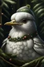 Placeholder: photorealistic; portrait Cute fantasy white Christmas bird wearing a wreath around neck; big pine trees all around; in the style of Sebastio Salgardo