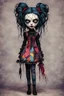 Placeholder: full color, full body illustration of a dark menacing Victorian goth vampire girl as a crude homemade patchwork cloth doll toy, with contrast stitching across her patchwork face, hair made from ragged strips of cloth, art in the style of Alex Pardee