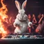 Placeholder: mature bunny doing techno music and performing at a dj show with fire in background and women