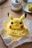 Placeholder: cute and nice faced marzipan Pikachu on a lace blanket on a kitchen table