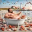 Placeholder: Fat man in a claw foot bathtub on a beach. Surrounded by seagulls, lobsters and crabs. there is a colorful light house in the background.