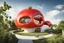Placeholder: organic Tomato-shaped house embedded into the sky, architectural photography, style of architecture, modernist architecture, warm sunlight, photo real, real photography