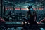 Placeholder: illustration in a dystopian style where Spiderman is watching the city