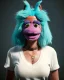 Placeholder: Waist up Portrait, hybrid character, waitress woman with monster muppet mask that covers her entire head, retro style, Sesame Street style, smooth, unreal engine 5, god lights, ray tracing, RTX, lumen lighting, ultra detail, volumetric lighting, 3d.