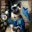 Placeholder: Shakespearen Siamese cat. blue eyes. Dressed in period dress. Hummingbird. lily. stone wall.