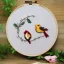 Placeholder: exquisite whimsical birds in embroidery hoop, intricate, highly detailed, linen and wood backdrop