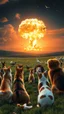 Placeholder: Cats and dogs and a lot of all kind of animals and birds very happy watching a nuke explosion in the distance